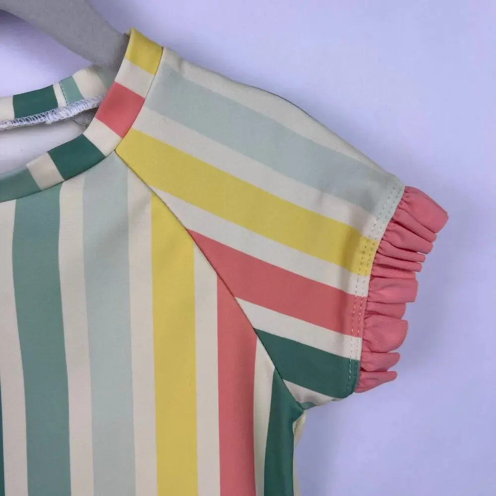 RuffleButts Rainbow Stripe Rash Guard Girls, Ruffle Trim, Swim Top, 2T-3T - Picture 4 of 8